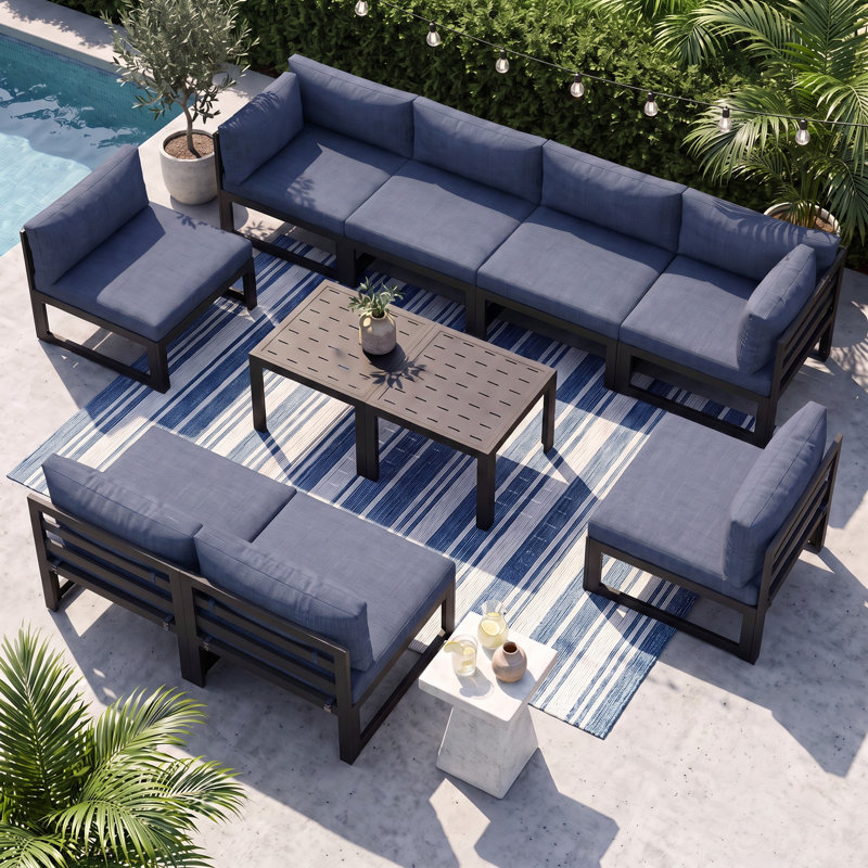 Ensemble de conversation modulaire d'extérieur en aluminium pour 8 personnes avec coussins et table basse Gillean, Bleu denim