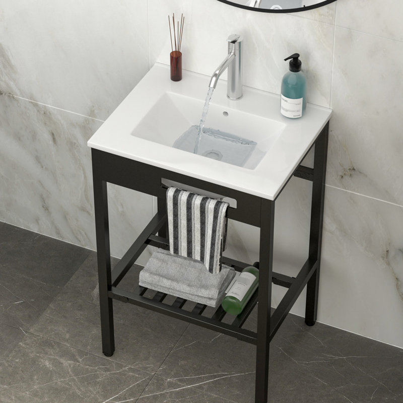 Lavabo console de salle de bain en céramique 24 "x 18" avec trop-plein et pieds noirs, teinture hygiénique, faible absorption d'eau, fixation murale pour un évier blanc peu encombrant, trop-plein, construction, facile