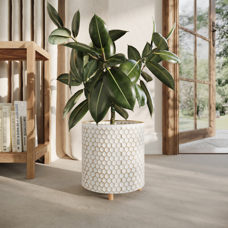 Pot à fleur en métal Mid Century, H 13 po x l 12,25 po x P 12,25 po, White/Gold