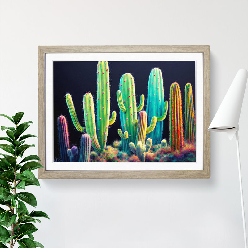 Colourful Cactus - Single Picture Frame Print, 46cm H x 64cm W x 2cm D, Oak