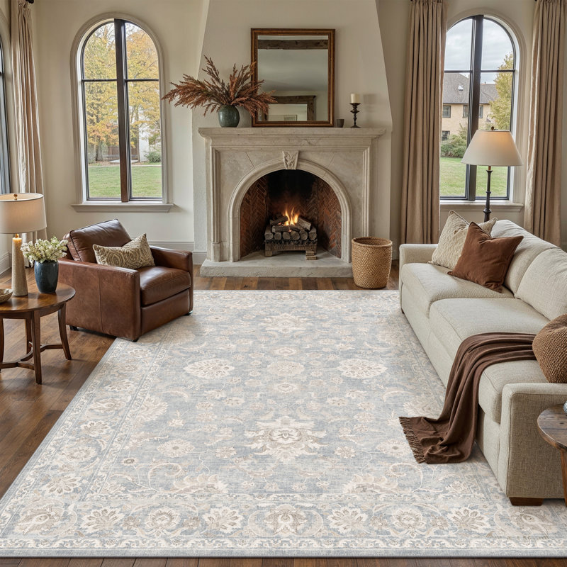 Tapis de style oriental classique pour le salon Aveline, Rectangulaire 8 pi x 10 pi, Bleu clair