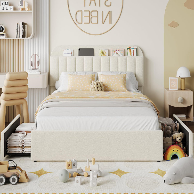 Bed Frame With Storage Headboard, 2 Drawers, Beige, Double
