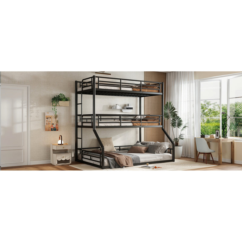 Lit superposé triple en métal noir pour lit simple au-dessus d'un lit double, peu encombrant et confortable pour les chambres d'amis