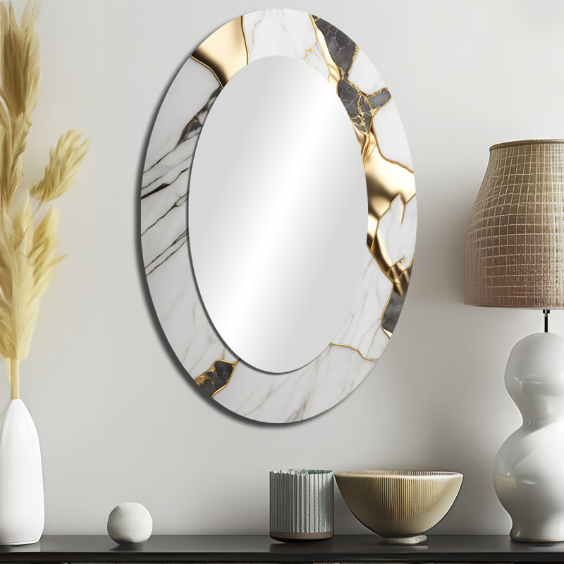 Miroir mural abstrait géométrique en marbre blanc et or I - blanc, 36 po x 24 po