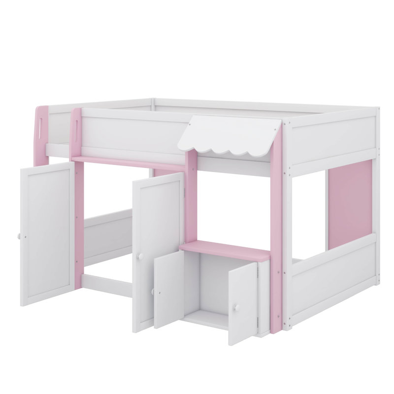 Lit mezzanine double moderne en bois avec espace de jeu intégré et grand espace de rangement, Rose