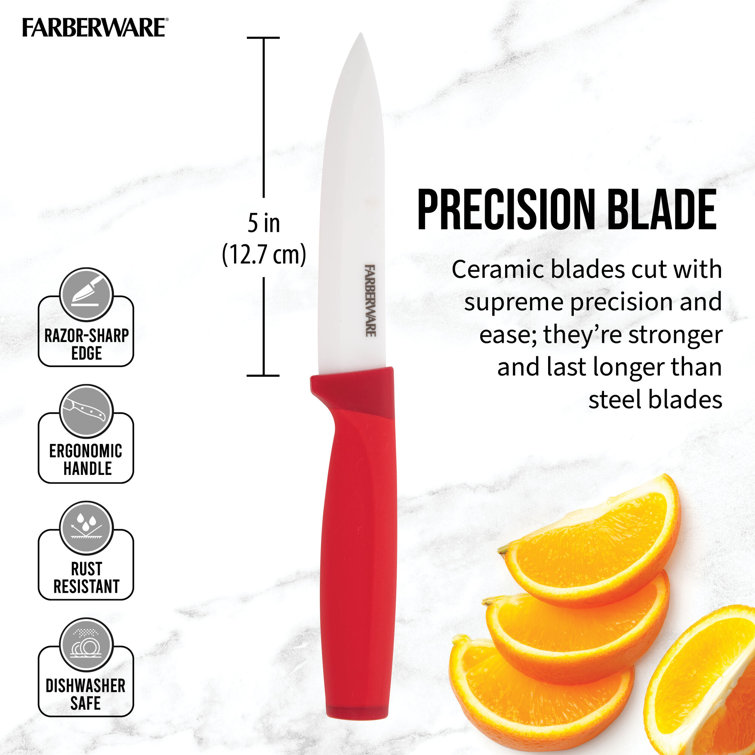 Farberware Ceramic 5-Inch Utility Knife with Custom-Fit Blade Cover, Razor-Sharp Kitchen Knife with Ergonomic, Soft-Grip Handle, Dishwasher-Safe, 5-in