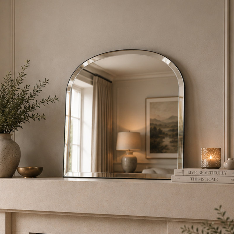 Arch Fernbush Wood Framed Curved Overmantle Mirror, Black