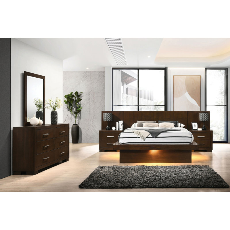 Ensemble de chambre avec lit plateforme 5 pièces et 2 tables de chevet Cappuccino, Très grand lit