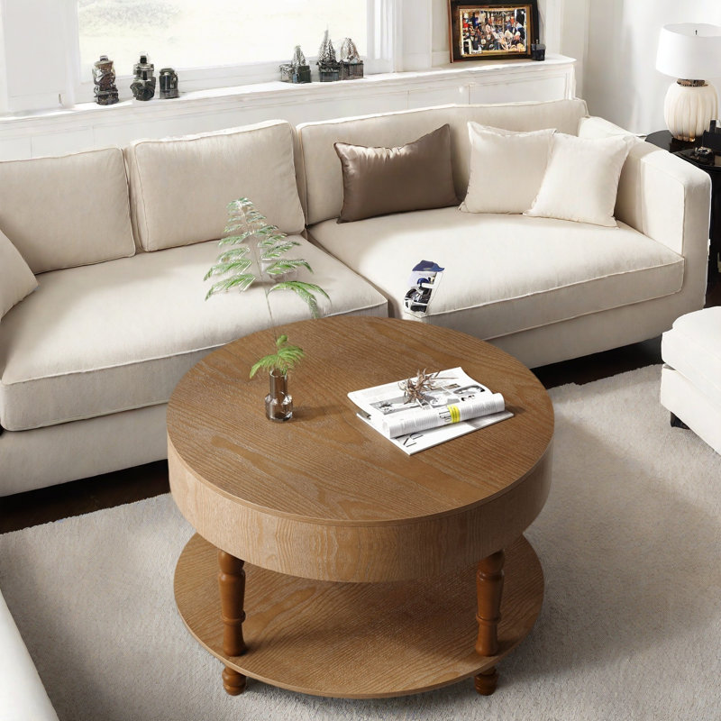 Table basse ronde moderne avec compartiment caché, tablette ouverte et pieds réglables, Noyer brun