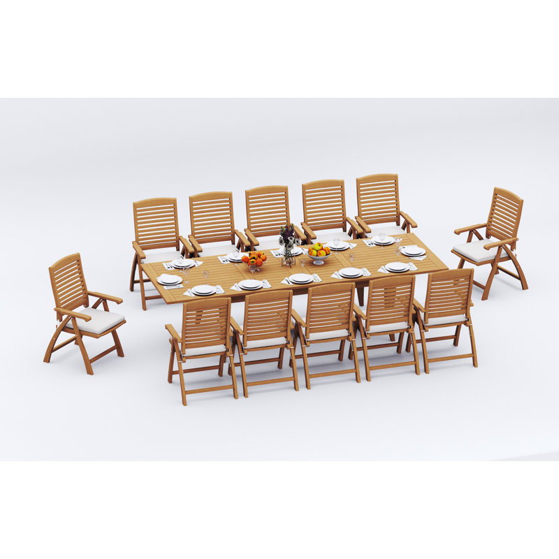  9 Pcs Grade-A Teak Wood Dining Set: 122" Atnas Double Extension Rectangle Table And Ashely Folding Reclining Arm Chairs #11AS2808