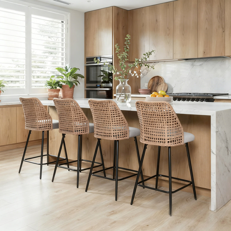 Upholstered Light Gray Rattan Full Back Counter Swivel Bar Stool, Light Gray