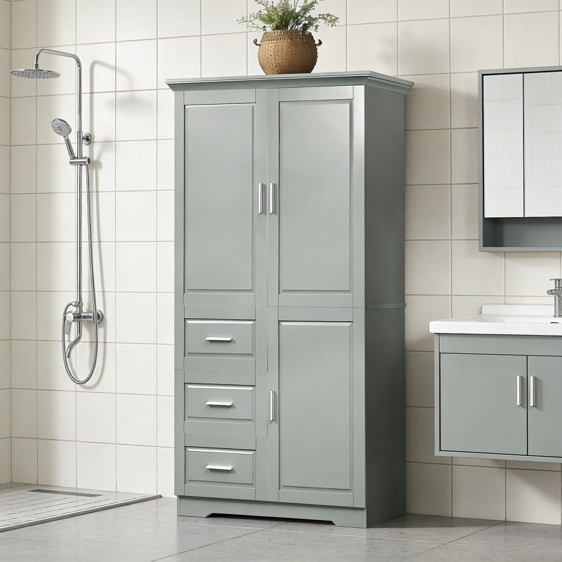Armoire de rangement haute et large avec portes pour bureau de salle de bain, trois tiroirs, Gris