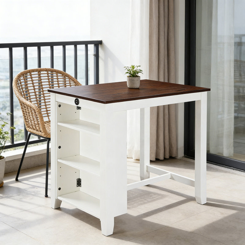 Gregorio 36" White Finish Small Space Counter Height Dining Table With USB Charging Ports And Shelves, Brown, White