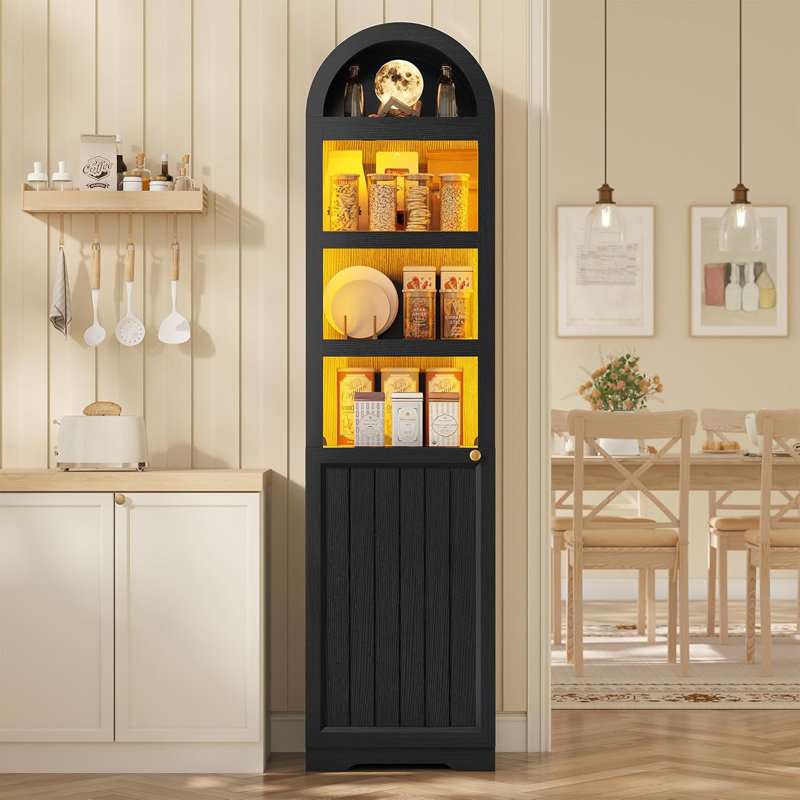 72" Tall Arched Narrow Storage Cabinet With Lights, Slim Narrow Bathroom Cabinet Organizer With Adjustable Shelves For Small Spaces, Living Room
