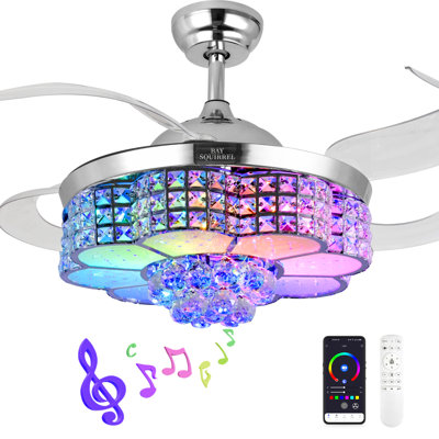 42-inch Retractable Crystal Ceiling Fan Features RGB Lighting, Built-in Speakers, Bluetooth Connectivity, and Remote/App control. Reversible Blades, 6-Speed Settings, and Adjustable three-Color Light Strips with Color temperature memory function