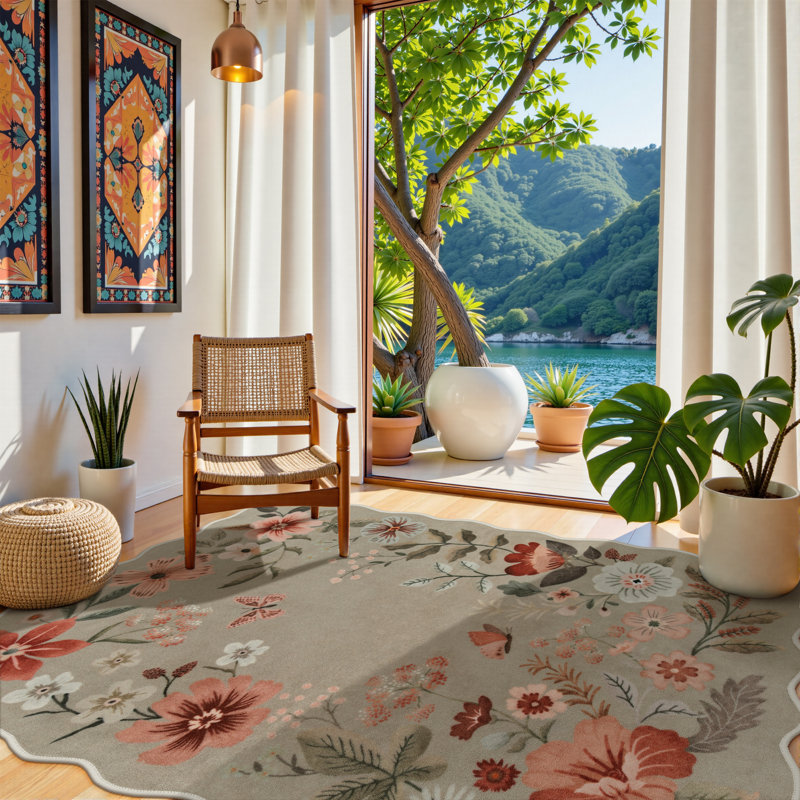 Floral Washable Rugs Non-Slip Soft Rugs for Living Room Bedroom Ultra-Thin Boho Accent Carpet, Rectangle 4' x 6'