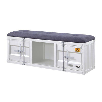 Banc de rangement moderne gris rembourré avec portes en métal et tablette de présentation