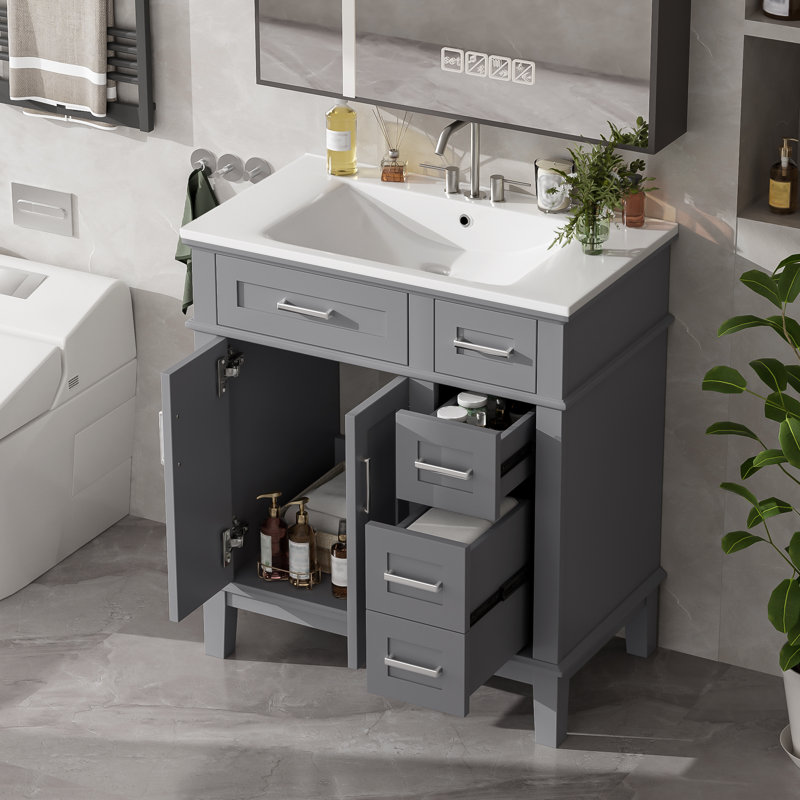 30" Single Bathroom Vanity With Ceramic Top, Gray, Silver