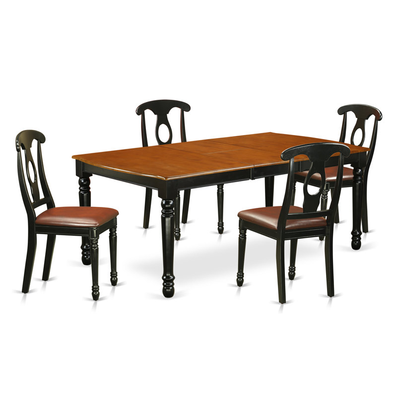 Ensemble de 5 pièces pour coin-repas pour 4 personnes comprenant une table de salle à manger rectangulaire avec rallonge papillon et 4 chaises de cuisine en similicuir, noir et cerise, 42 po x 78 po