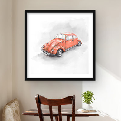 Vintage Red Beetle Car Bedroom Print - Framed Home Decor