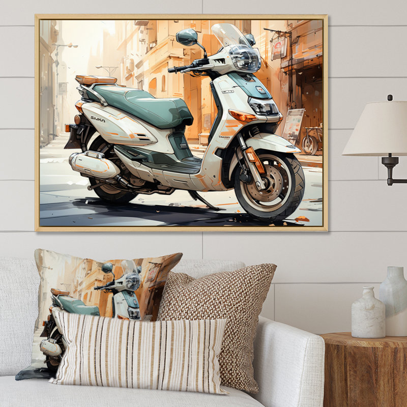 " Beige Scooter City Explorer ", 12" H x 20" W x 1" D, Natural Floater Framed
