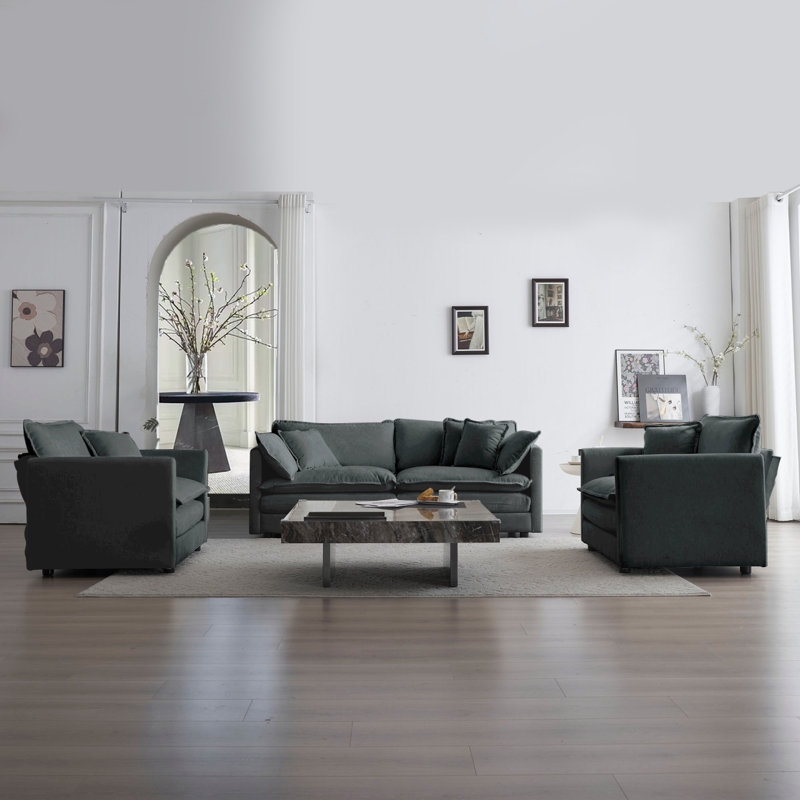 Ensemble de canapé 3 pièces avec coussins et coussins décoratifs, ensemble de canapé comprenant 2 fauteuils et un canapé à 2 places, ensemble de canapé décontracté peu encombrant pour le salon, chenille grise