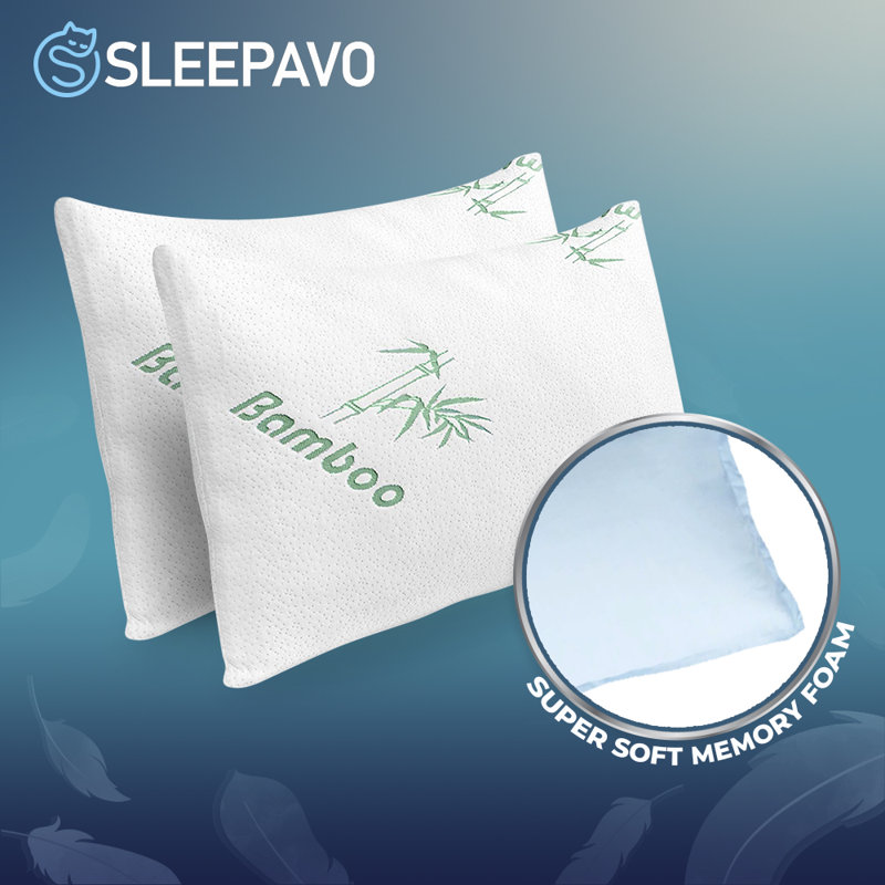 Queen Size Cooling Memory Foam Bamboo Bed Pillows - 4 Pack