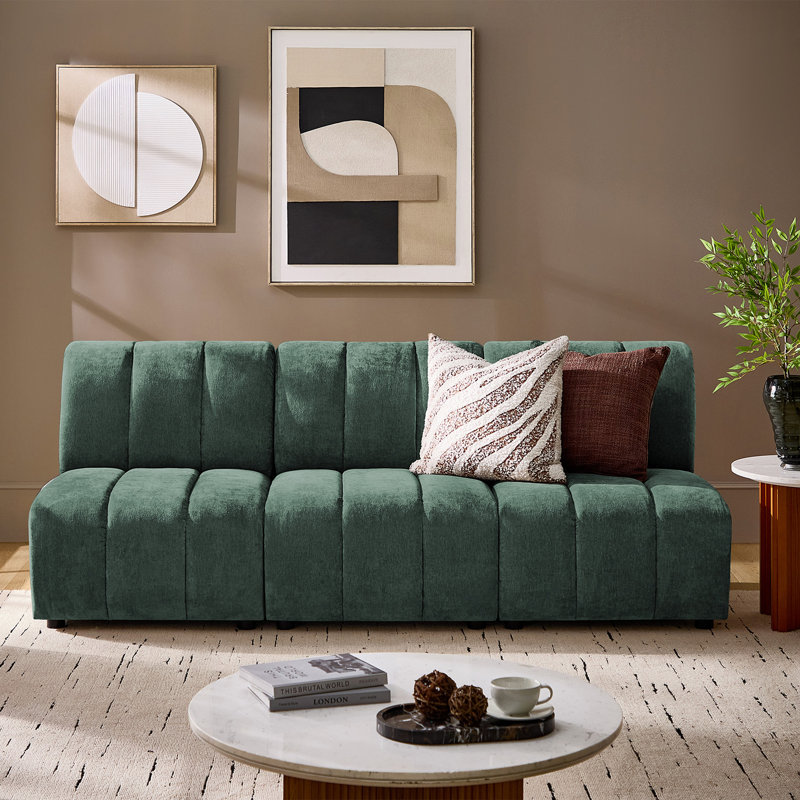 Shalon 84" Modern Modular Chenille 3-Piece Channel Tufted Sofa, Green