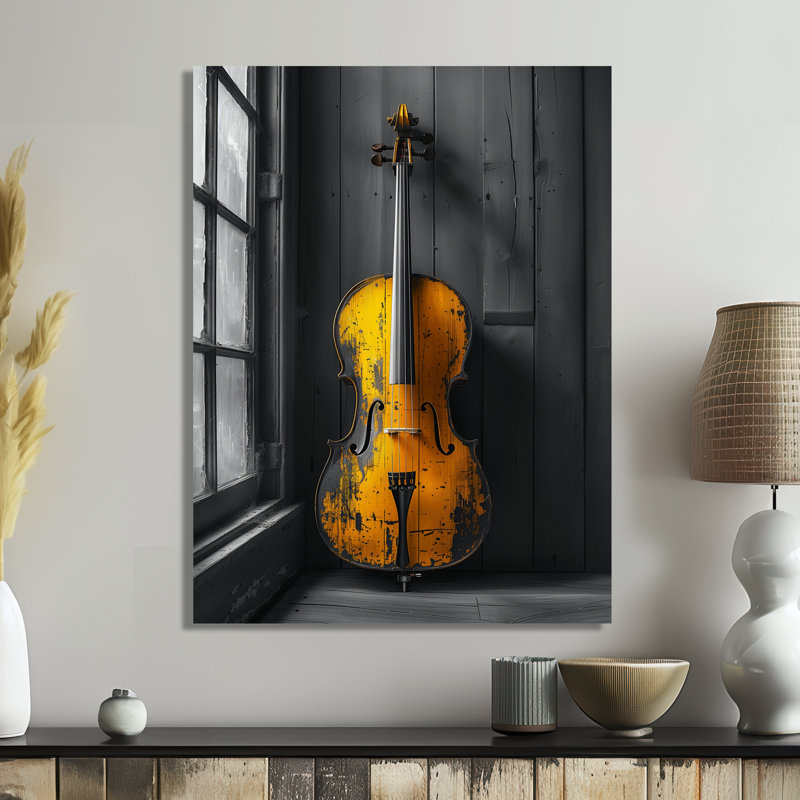 «Gray and Yellow Music Cello Chic - Music Jazz Wall Art, Sans cadre, métal, H 30 po x l 40 po