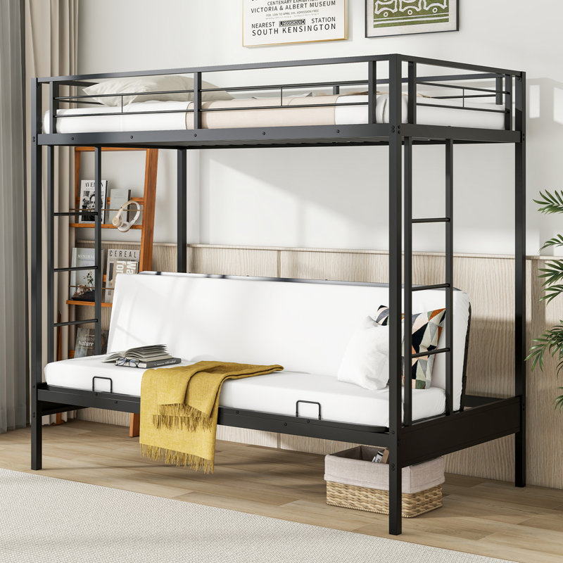 Lit simple superposé au-dessus d'un futon et lit convertible avec 2 échelles et barrières de sécurité