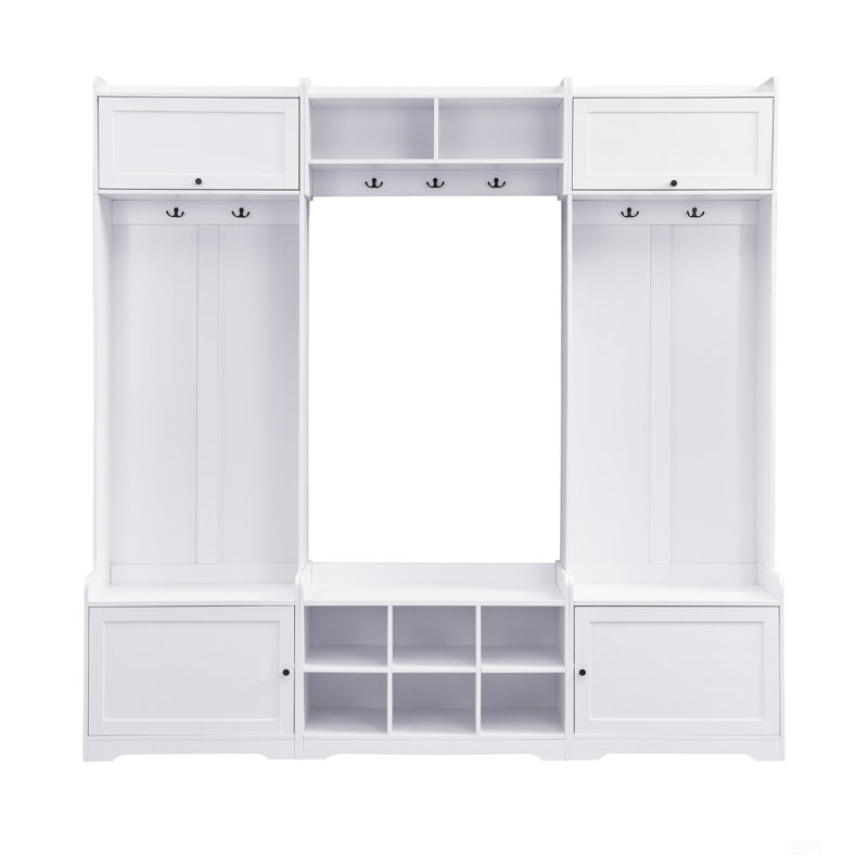 79.1'' Wide Modern Hall Tree With Shoe Storage, 4-In-1 Entryway Bench With 8 Cubbies, 7 Coat Hooks & Adjustable Shelf For Hallway, Living Room, White