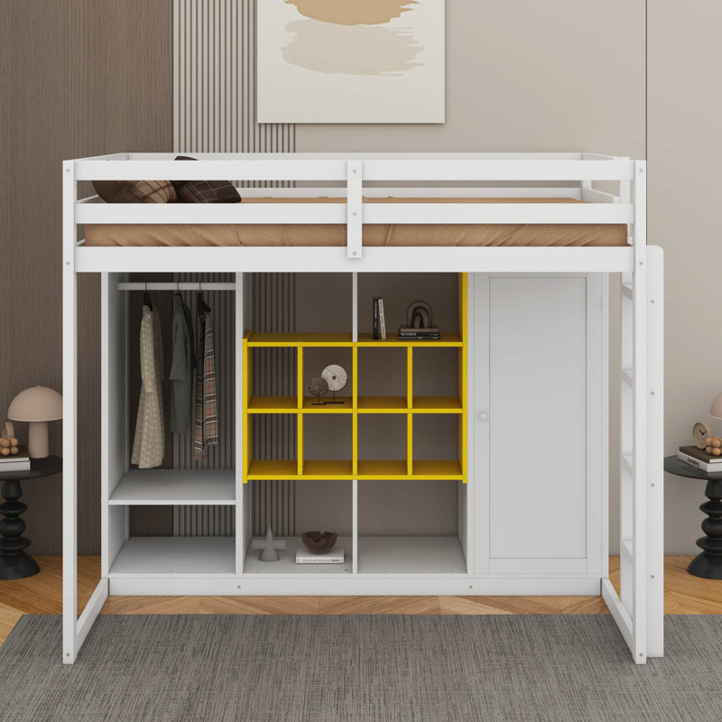 Twin Size Wood Loft Bed With Wardrobe, Shelves And Cabinet, White/Yellow