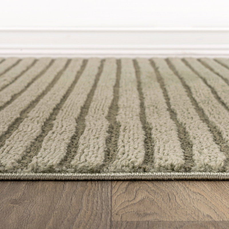 Tapis d'intérieur à rayures horizontales vert sauge, tissé à la machine, doux et moelleux, à hauteur variable., Vert