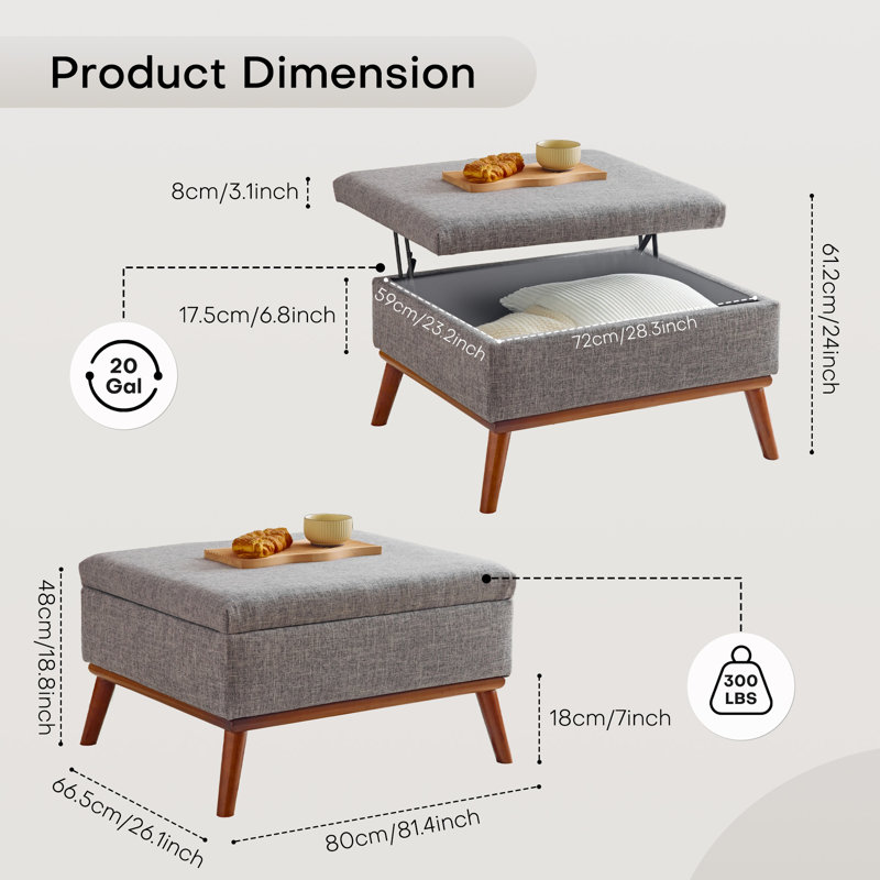 Jacobi Rectangular Coffee Table Ottoman with Storage, Gray