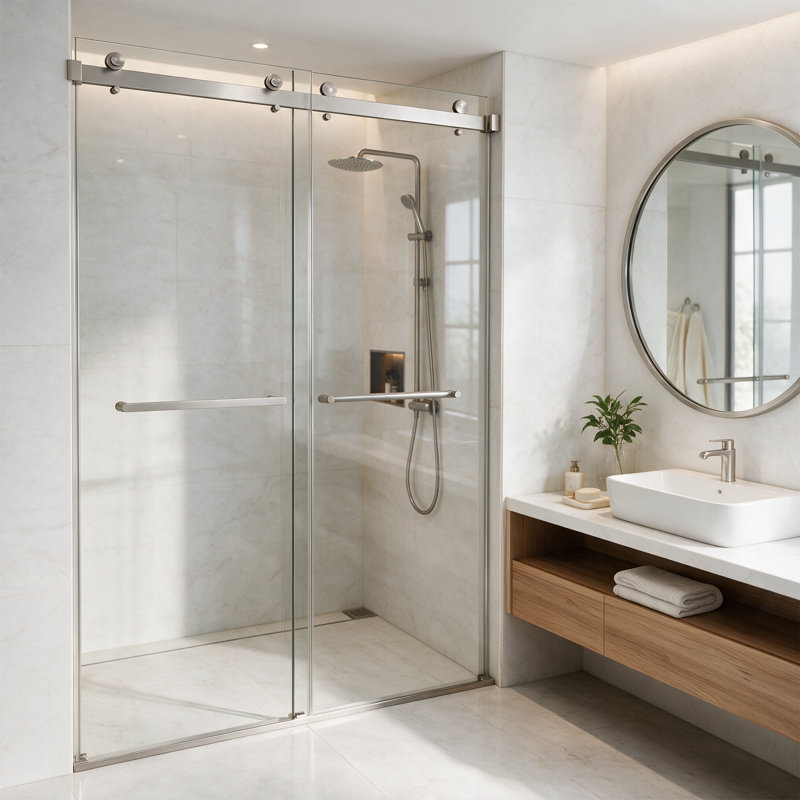 Porte de douche coulissante double sans cadre de 60 pouces avec verre trempé, Nickel brossé