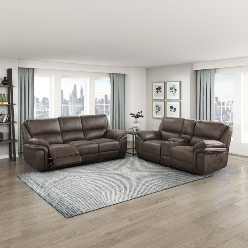 Larner Modern & Contemporary Polished Microfiber 2-Piece Reclining Set with Power or Manual Motion, USB Charging & Storage Console