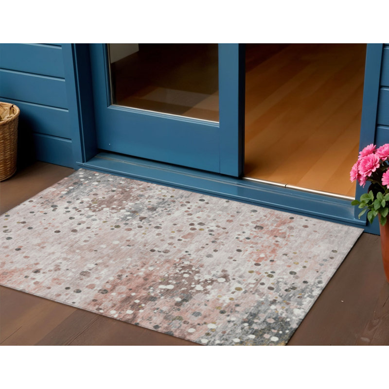3' X 5' Salmon And Gray Abstract Washable Indoor Outdoor Area Rug