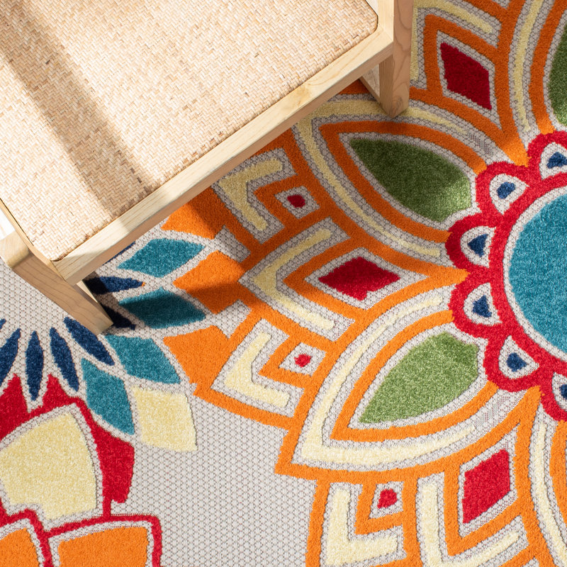 Tapis d'intérieur / extérieur à motif floral Stephine, Rond 4 pi