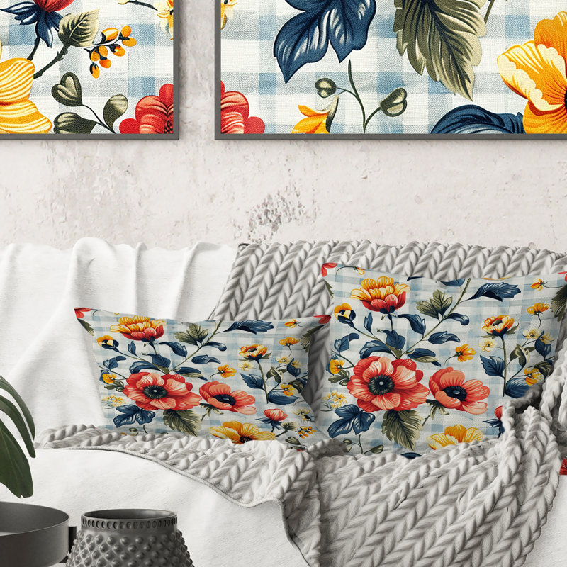 Coussin Floral, Rouge / Bleu