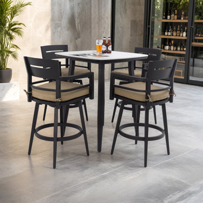 Modern 5pc Outdoor Patio Bar Set,rounded Square Sintered Stone Table & 4 Swivel Bar Chairs by Corrigan Studio