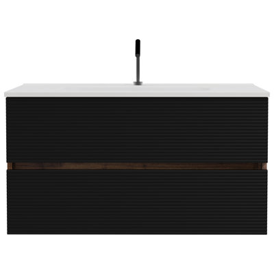 Meuble-lavabo mural noir et noyer 36 po Gloria avec lavabo intégré en céramique avec trop-plein