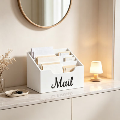 Rustic Wood Mail Organizer Countertop with Four Removable Dividers, Black Mail Holder for Desk, Letter Bill File Sorter for Home Office Classroom, Desktop Organizer with Free Labels