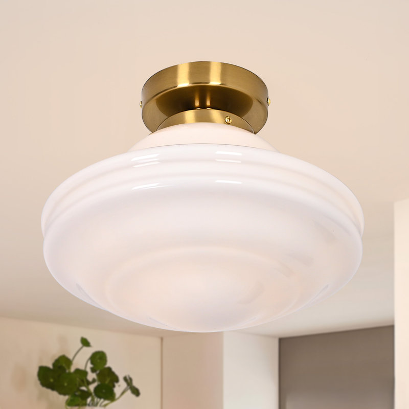 Plafonnier semi-encastré vintage en laiton à une lumière avec abat-jour en verre blanc, Brass