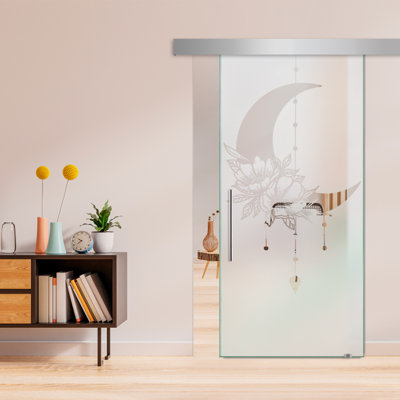 Porte de grange coulissante en verre sans cadre avec design moderne sablé et quincaillerie (semi-privée)