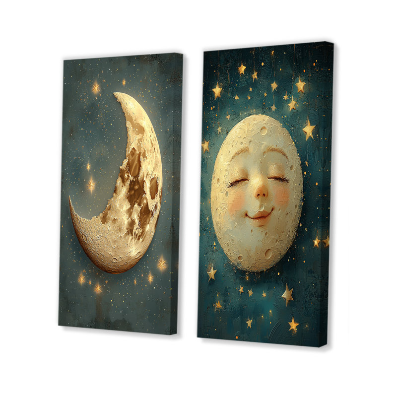 Sleepy Moon I - Ensemble de 2 pièces d'art mural pour chambre de bébé, Toile tendue, H 28 po x l 24 po