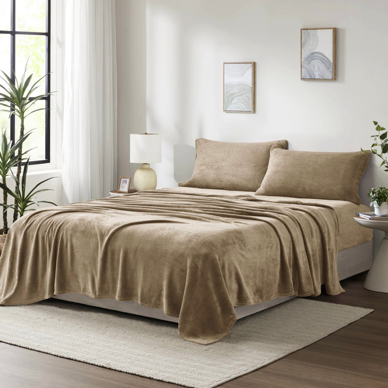Ensemble de draps 4 pièces, taupe, 100% velours doux, brossage double, literie taupe, brossé des deux côtés, drap-housse élastique, lavable à la machine
