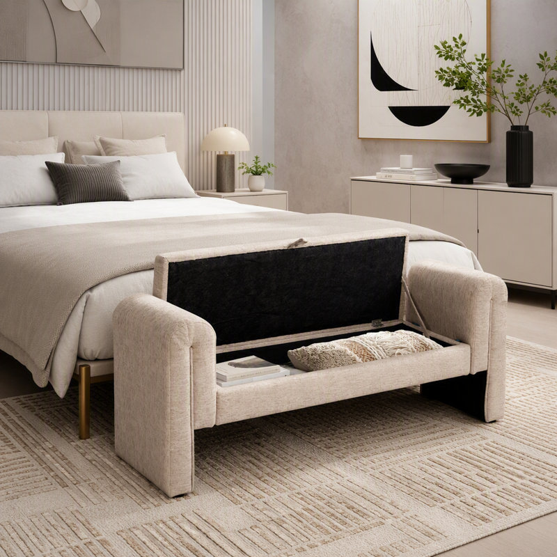 Banc de rangement de 60 pouces pour deux personnes, Tissu avoine