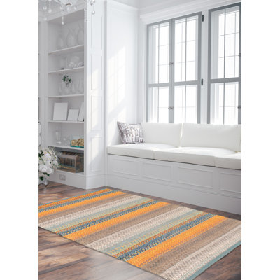 Tapis gris / orange / bleu en laine à motif géométrique fait à la main