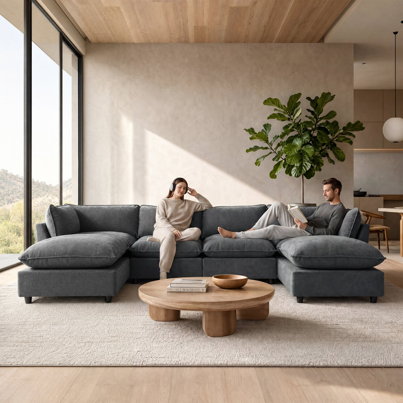 Canapé modulaire avec repose-pieds 31,5 po Annamaria, Chenille grise foncée
