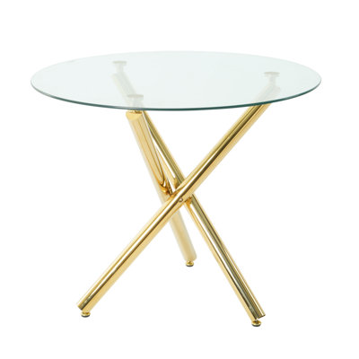 Kaizlyn Modern Round Glass Dining Table for 4-6 People, Clear Tempered Glass Top, Metal Cross Base, Round Kitchen Table for Dining Room, Circular Table for Small Space